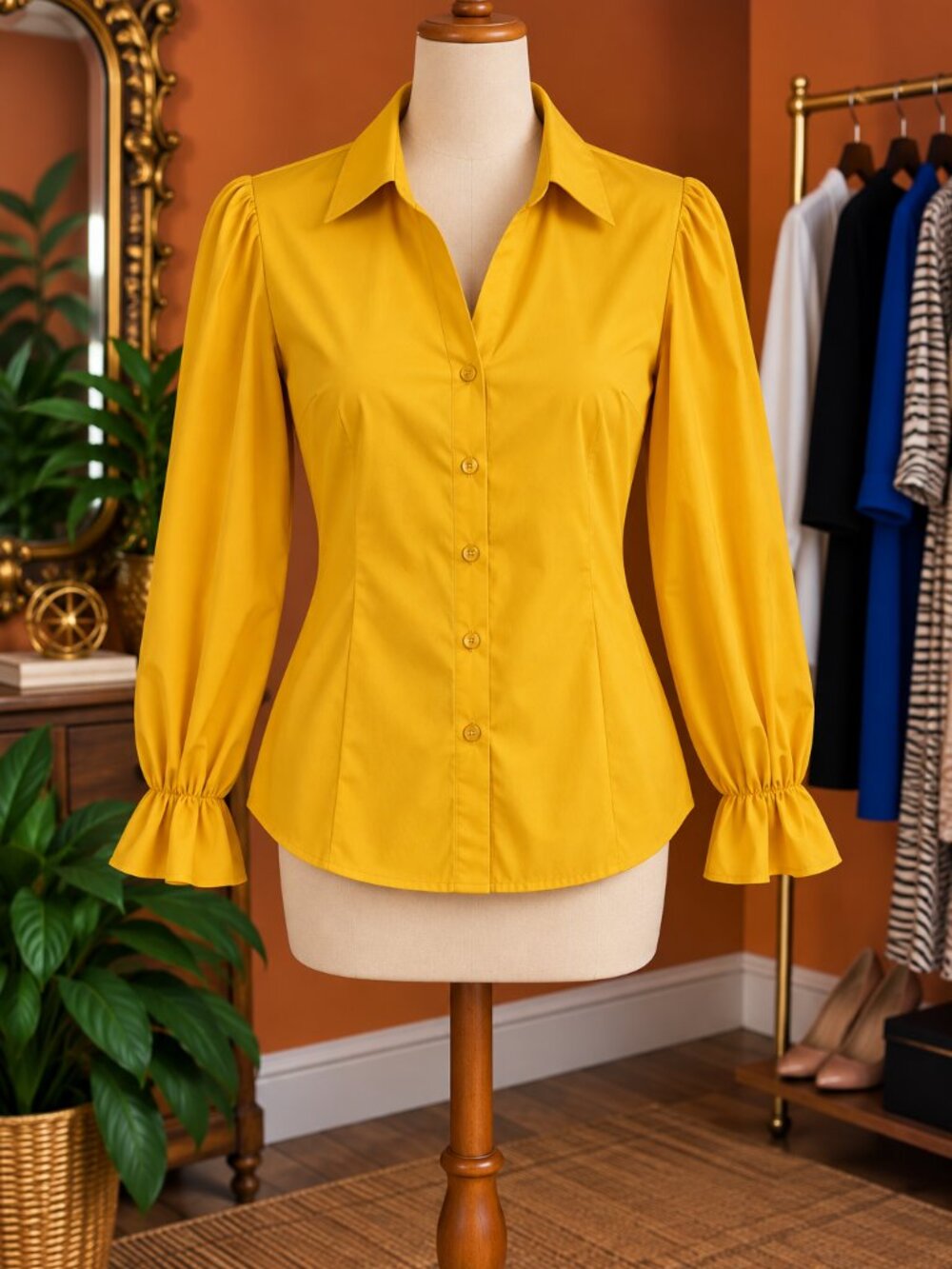 New York & Company Yellow Button-Front Puff Sleeve Shirt